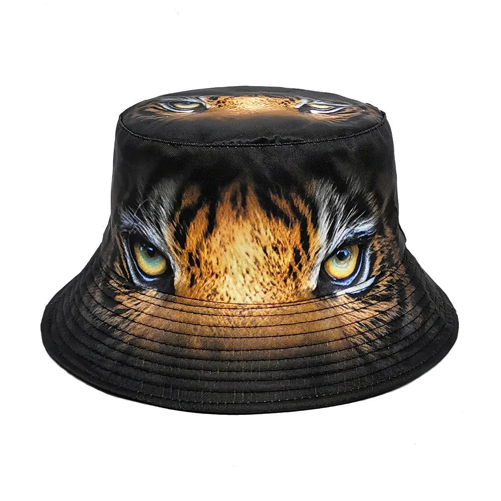 Khaki tiger print polyester bucket hat with dome crown on a neutral background