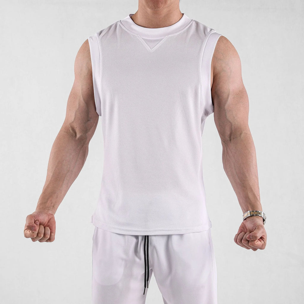 Men's white and black chemical fibre fitness vest with loose fit Asian sizing for summer sports