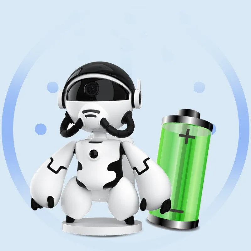 White Space Robot home security camera on a table with a detachable base, showing a wide-angle lens.
