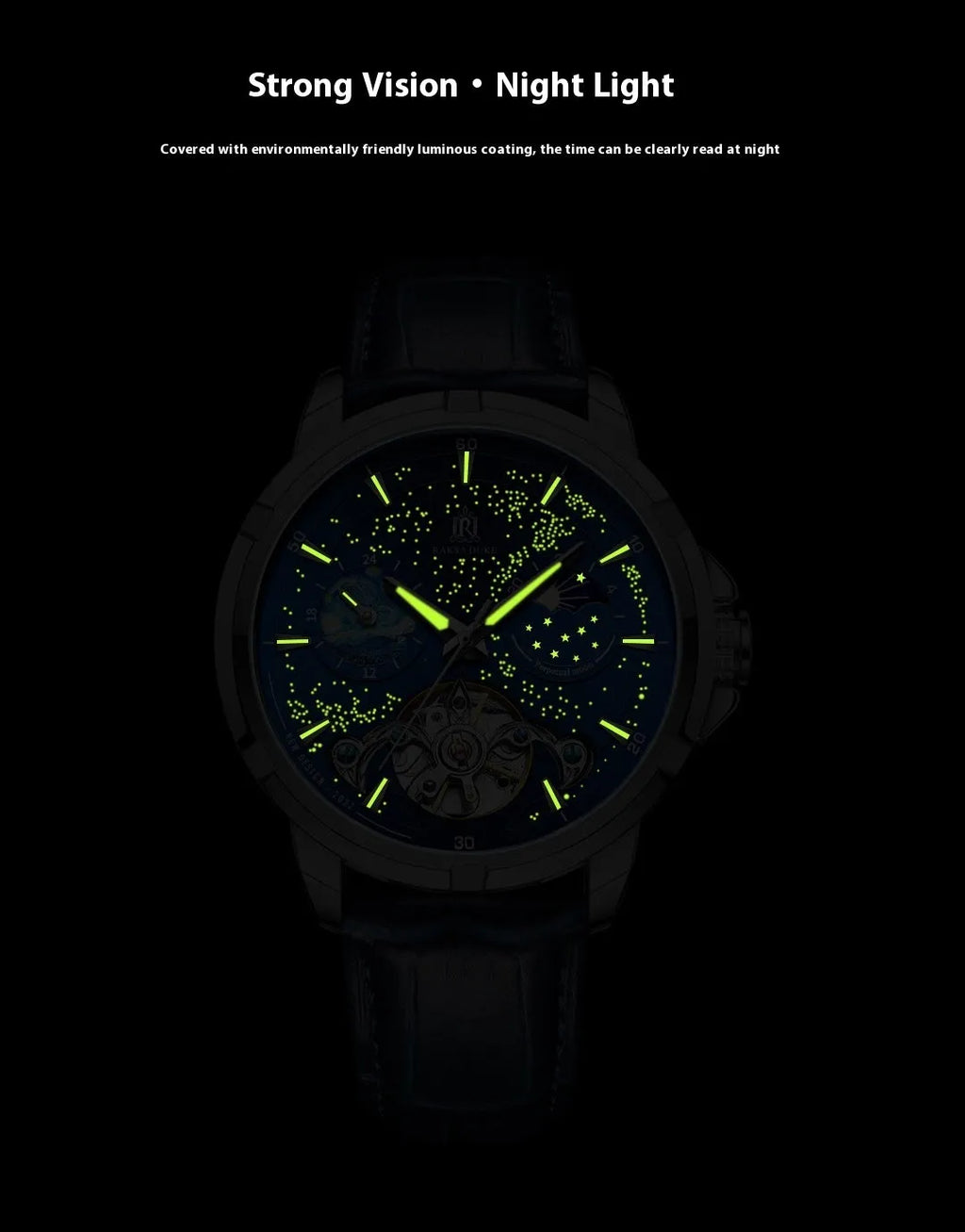 Men's automatic mechanical watch with blue dial and transparent case back