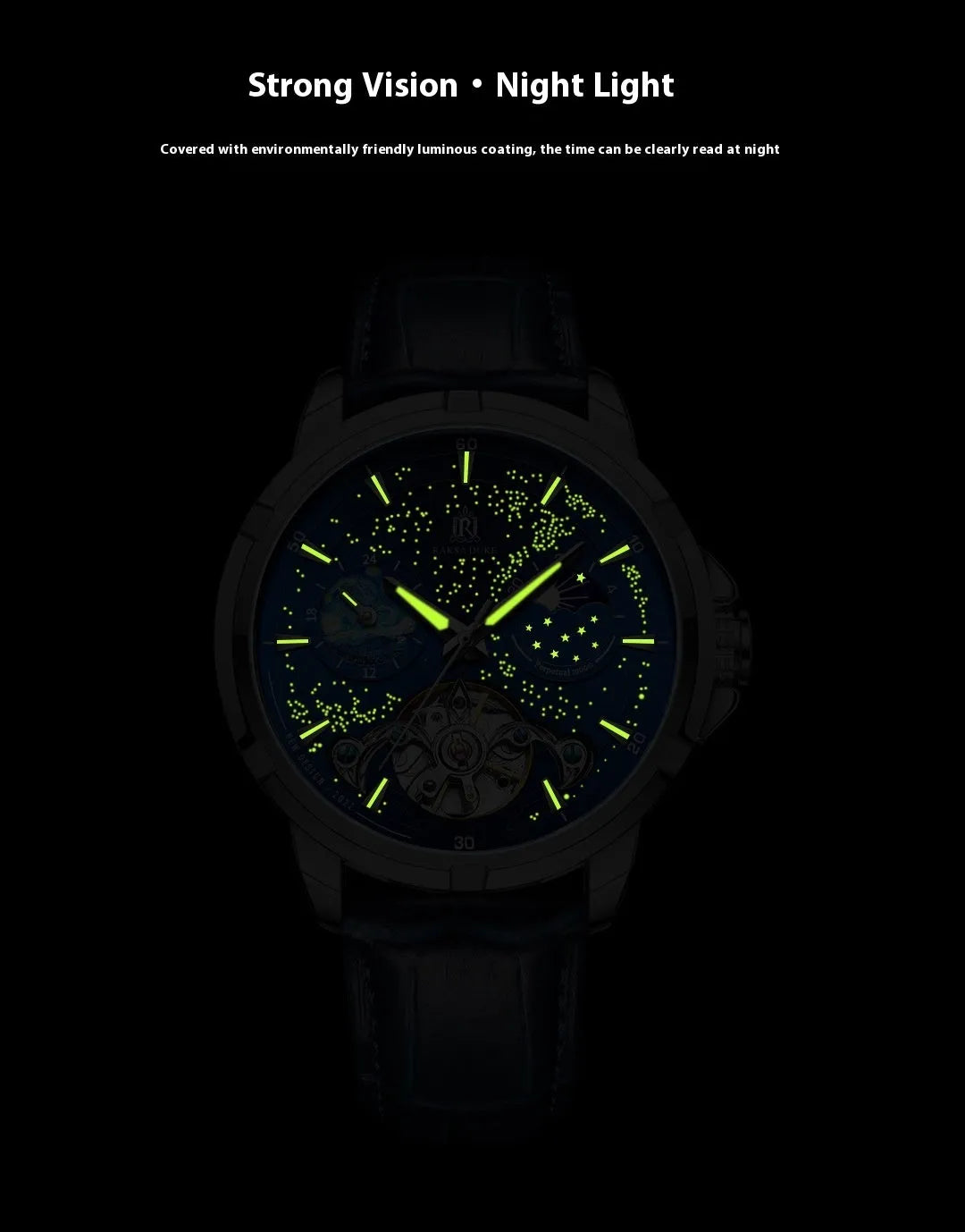 Men's automatic mechanical watch with blue dial and transparent case back