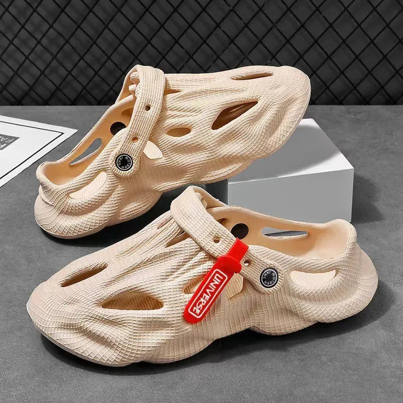 Men's grey EVA slippers with closed toe and breathable hole design on foot
