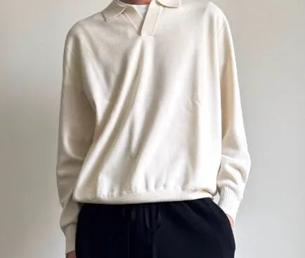 Pure wool POLO sweater with lapel collar in loose fit, shown in milky white and navy blue colour options