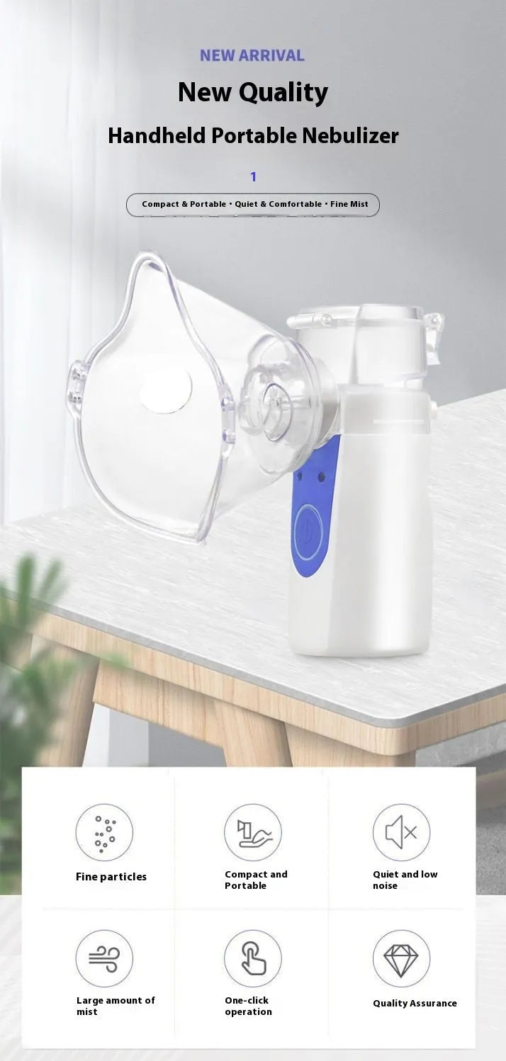 A columnar-shaped plastic handheld USB nebuliser for quiet drug atomisation at home.