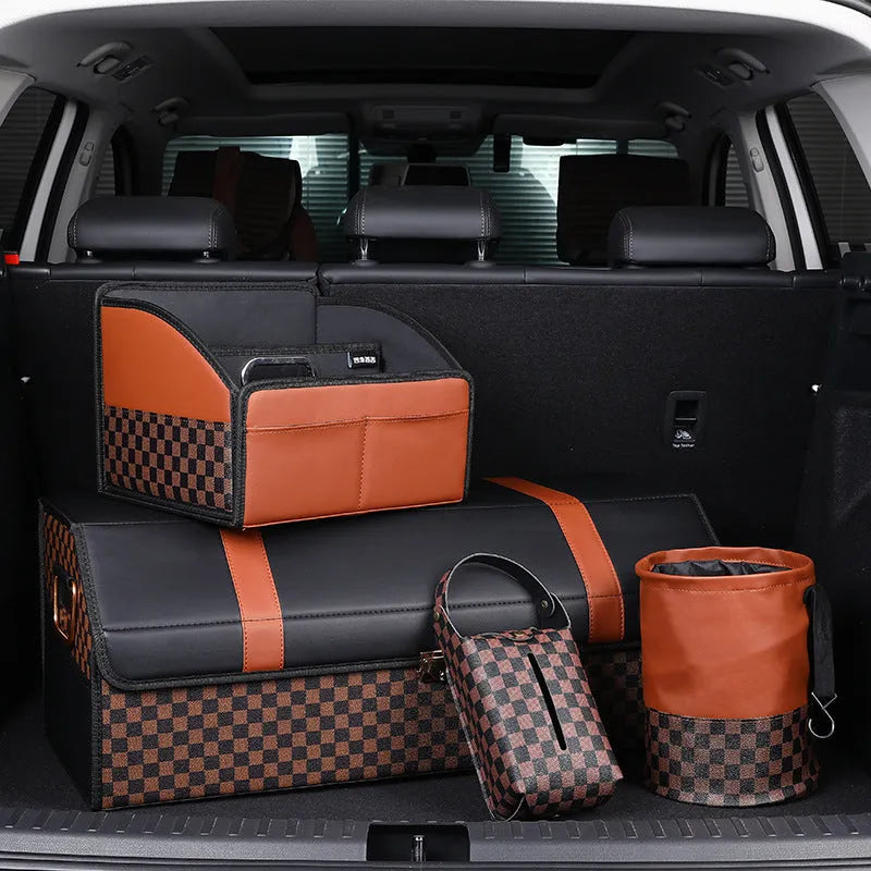 Retractable leather car interior trash can with carry handle in colour as shown.