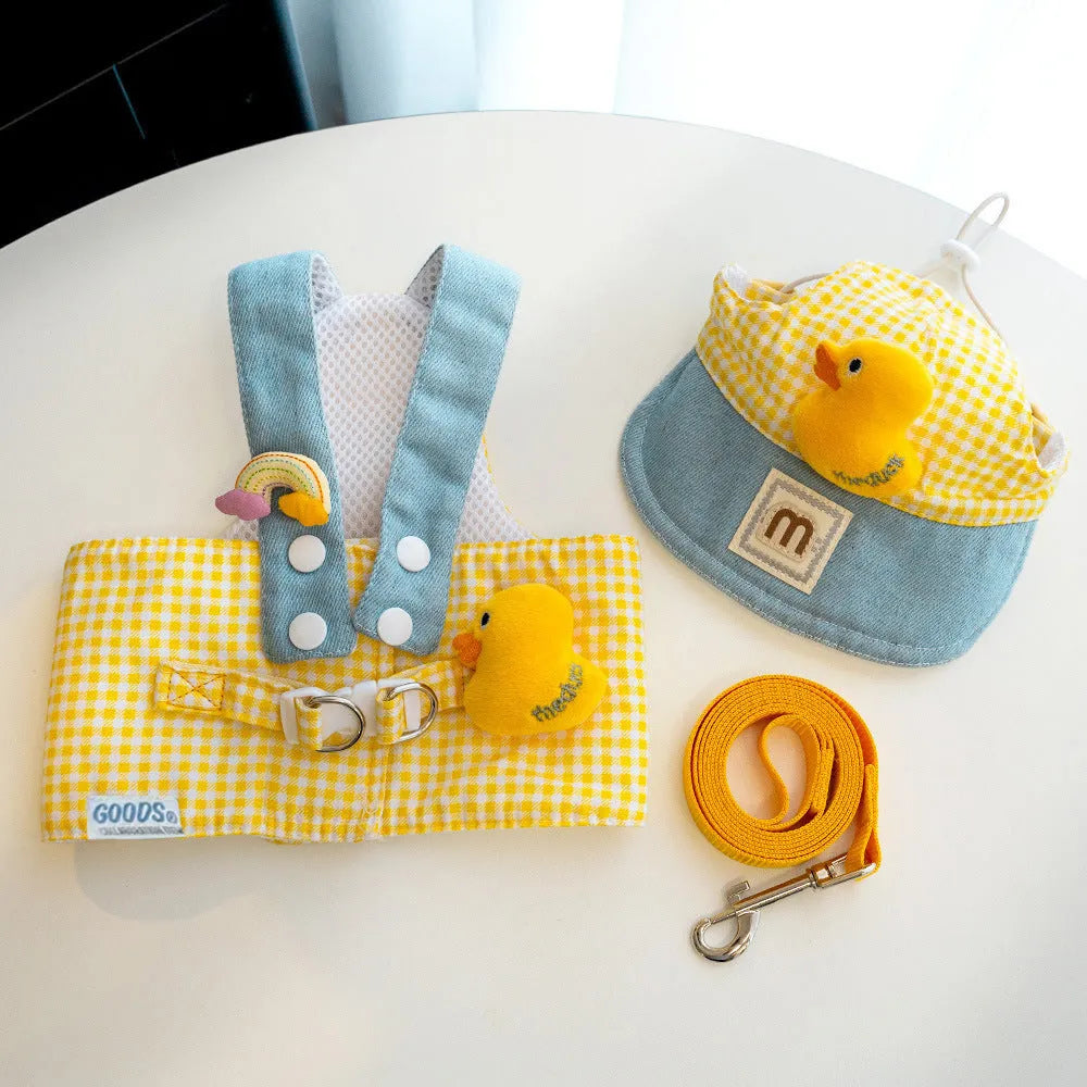 Pet harness leash set with cute hat, wire rope pulling rope, and cat clothes for dogs and cats