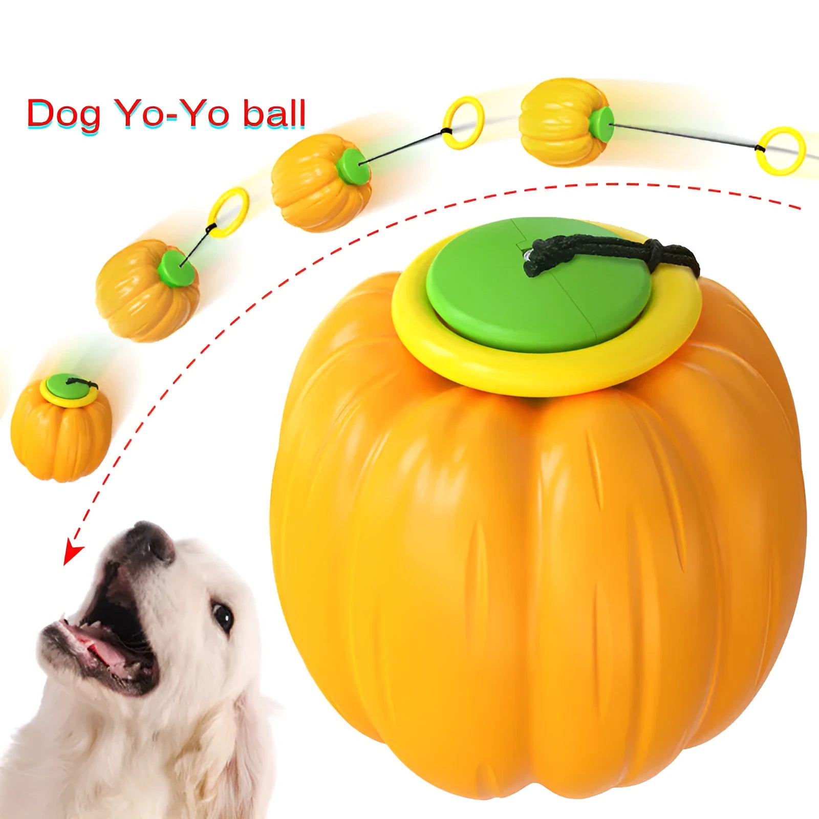 Green, orange, and yellow plastic pumpkin-shaped dog toy with squeaker for small dogs