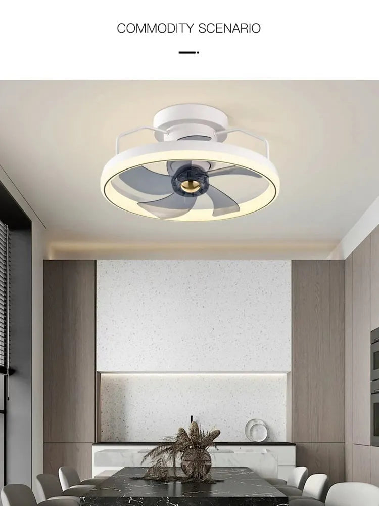 Modern ceiling fan light with light on, showing white PC blades and acrylic lampshade