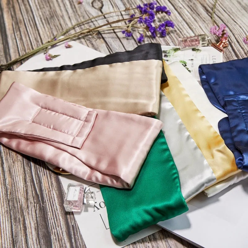 Mulberry silk sleep mask shown in champagne gold colour for light blocking.