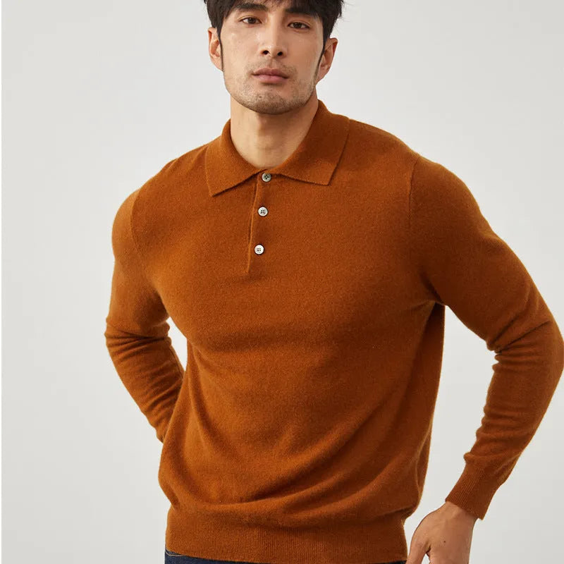 Man wearing a sapphire blue cashmere polo collar loose-fit pullover sweater