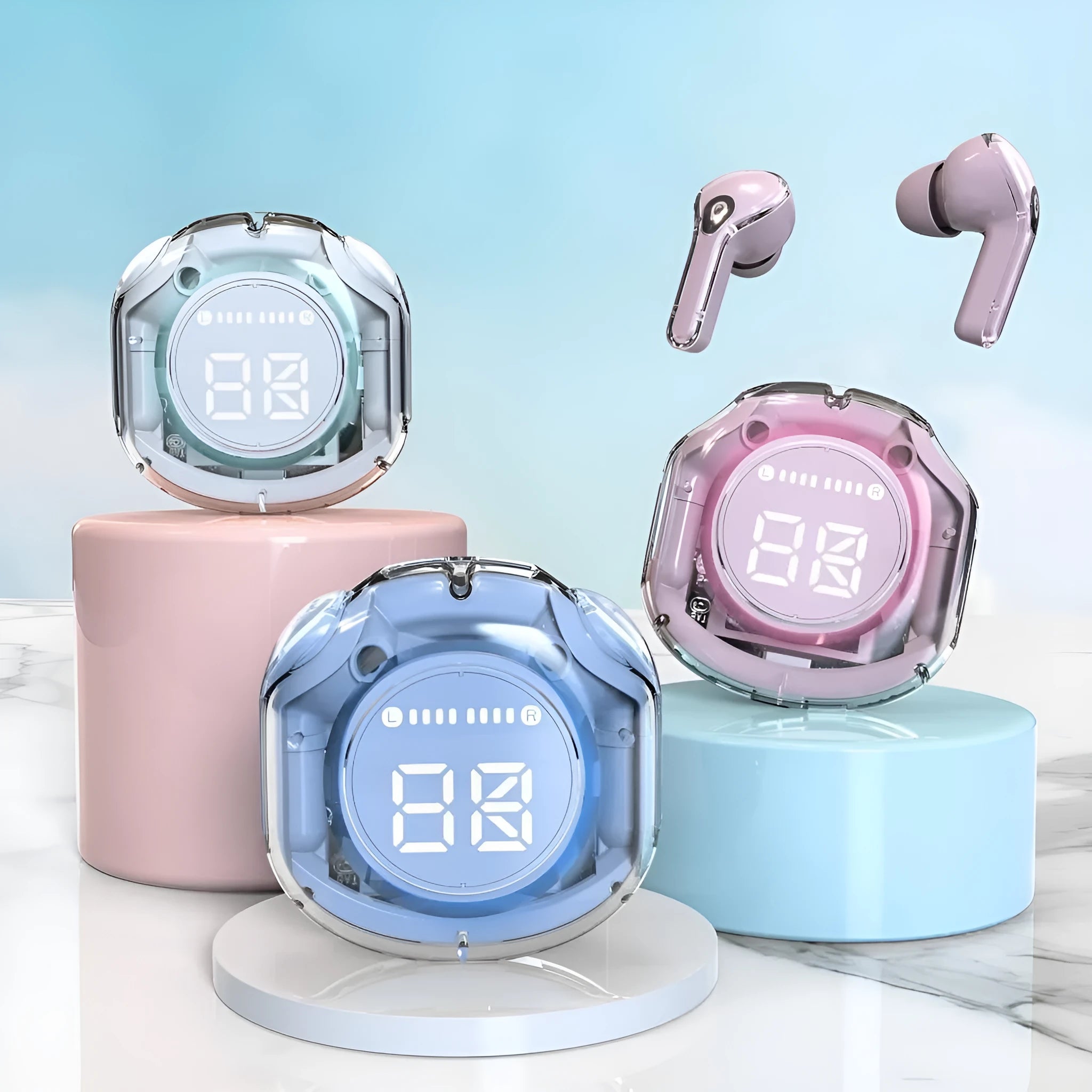 Wireless Bluetooth in-ear headset shown in multiple colours including sky blue and violet on a white background.