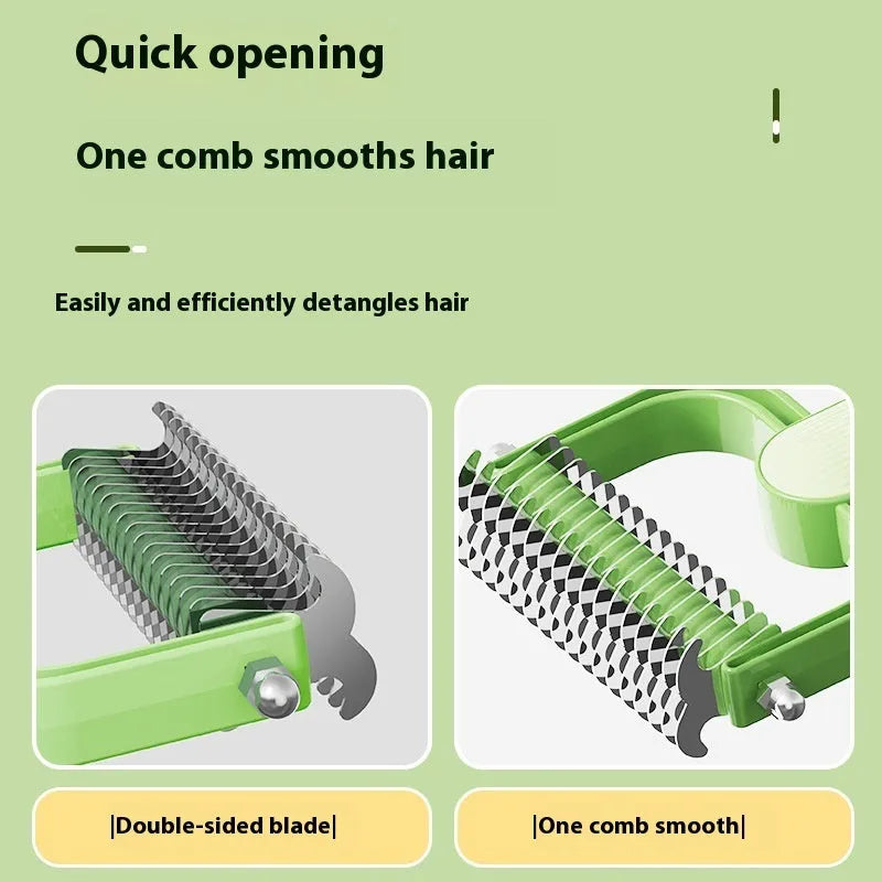 Green and grey pet grooming comb with stainless steel blades for de-tangling dog fur in small and large sizes