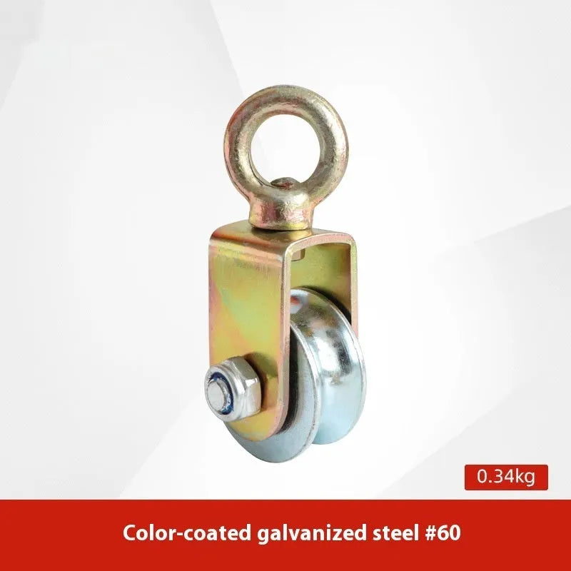 Red forged steel lifting pulley with a safety latch on the hook, for industrial wire rope use.