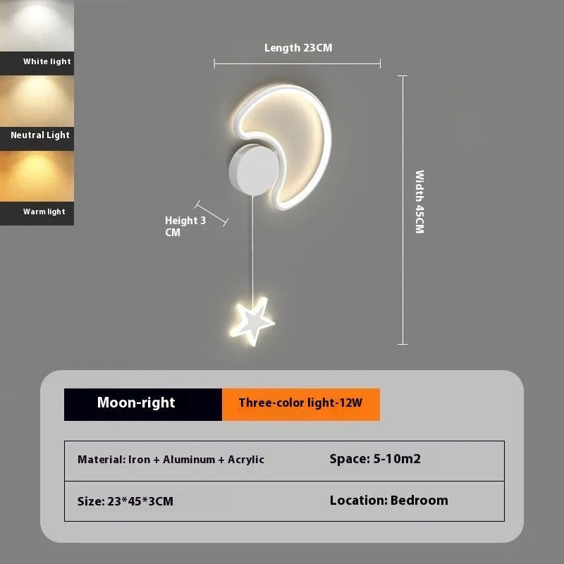 Children's bedside wall lamp with cloud and star design in black finish showing three-colour LED illumination