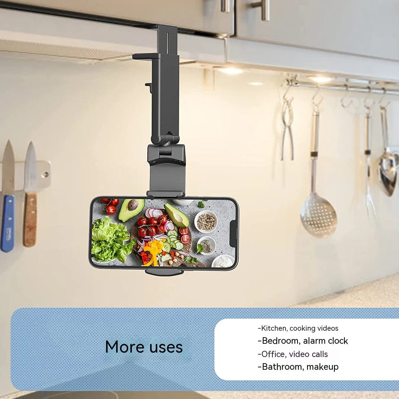 Foldable rotating phone holder in black, green or grey showing multiple viewing angles