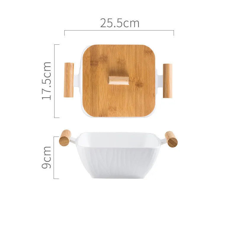 Ceramic serving bowl with irregular modern shape and matching lid in various colour options