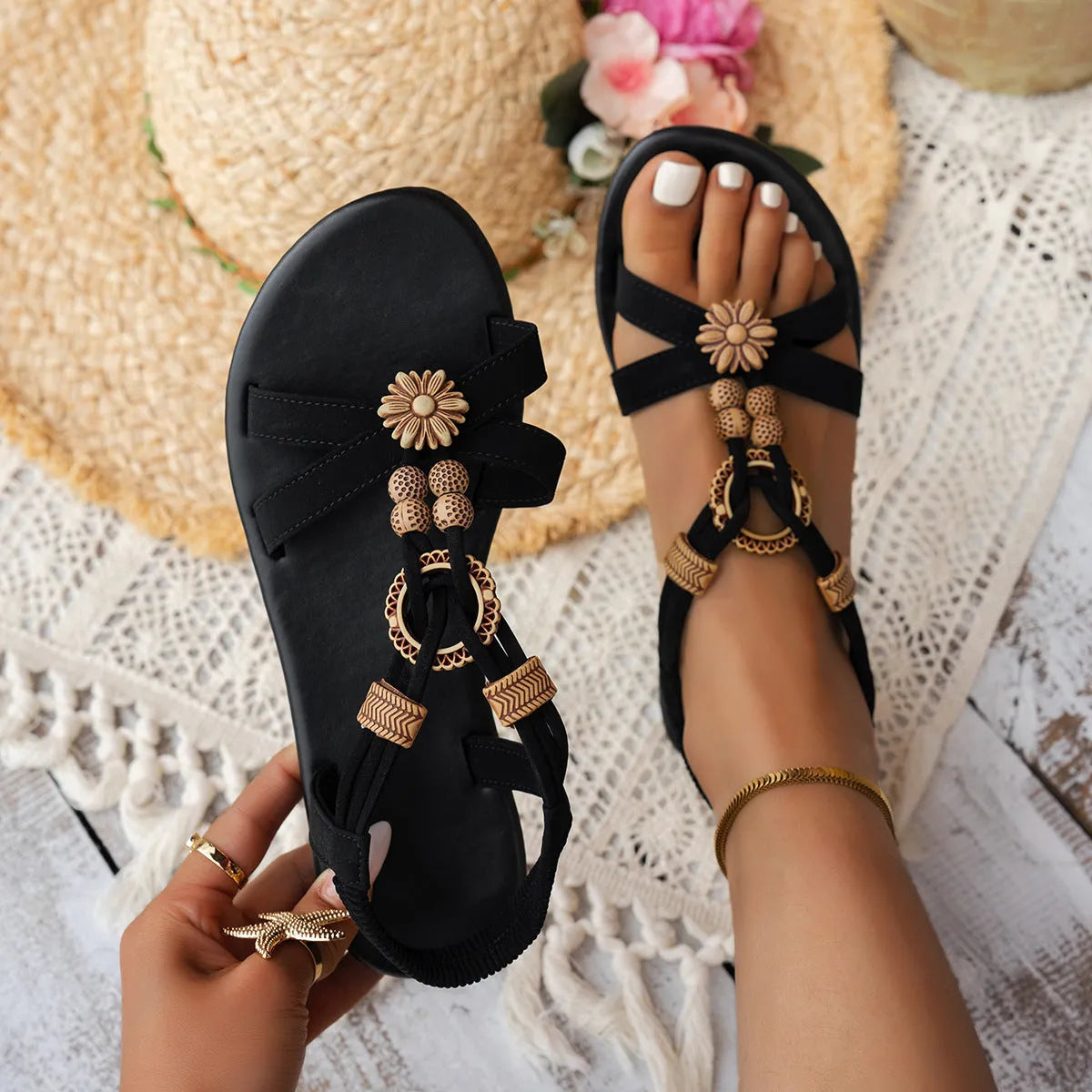 Ethnic style black women's beach sandals with beaded weave decoration and elastic band