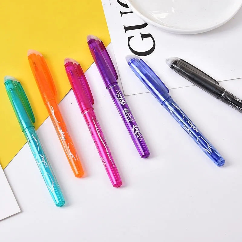 Set of hot erasable gel pens with plastic bodies and stainless steel nibs, showing multiple coloured barrels.