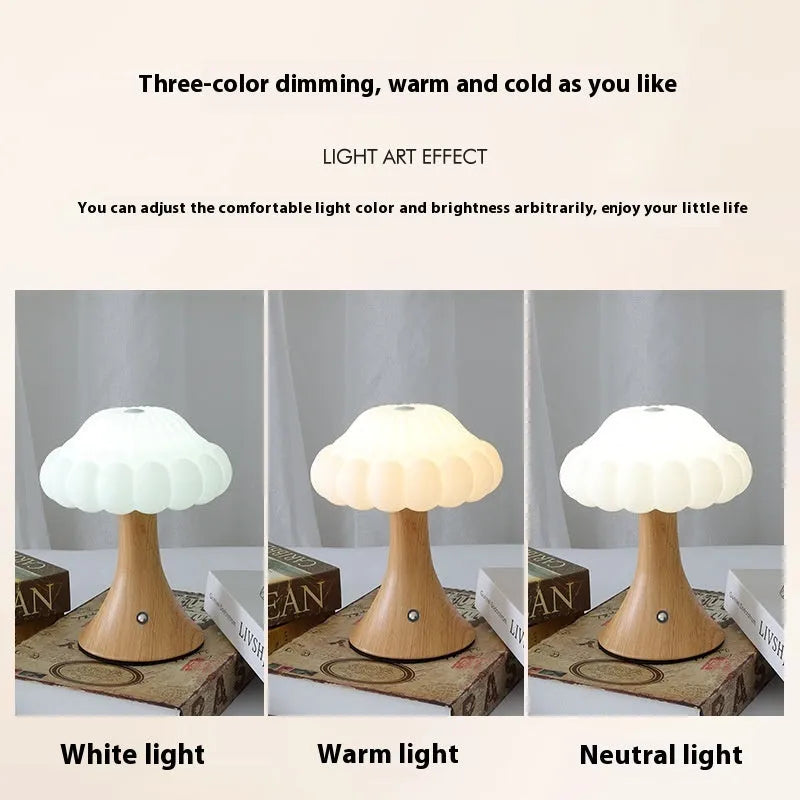 Mushroom-shaped touch lamp with USB charging in wood grain colour