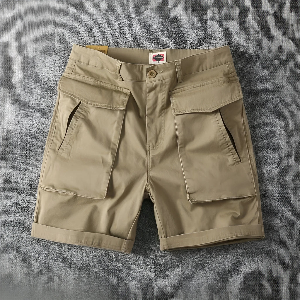 Men's stretch cotton cargo shorts in Army Green showing multiple pockets and straight-leg cut