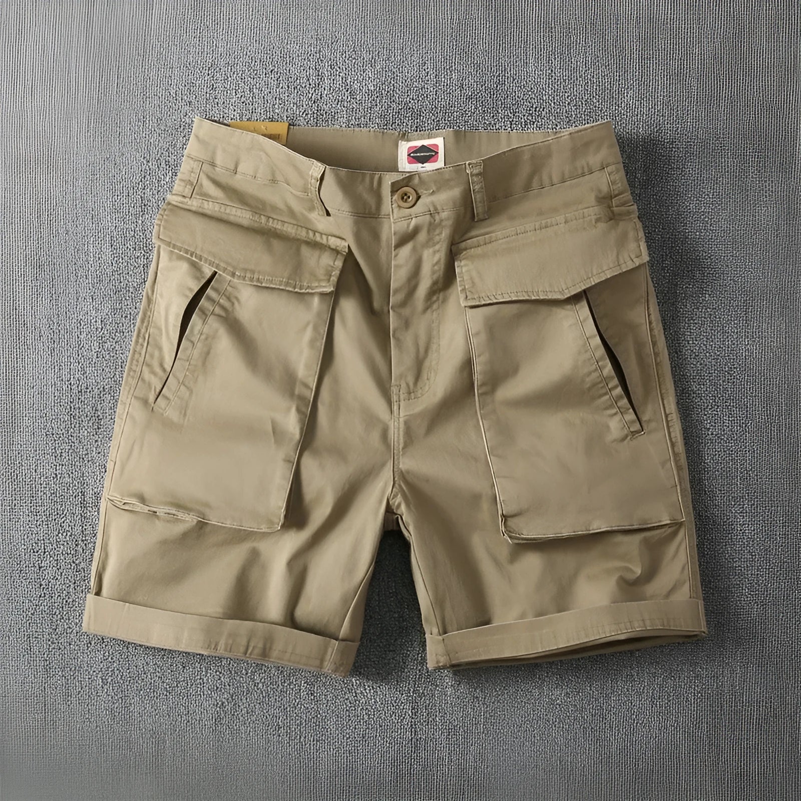 Men's stretch cotton cargo shorts in Army Green showing multiple pockets and straight-leg cut