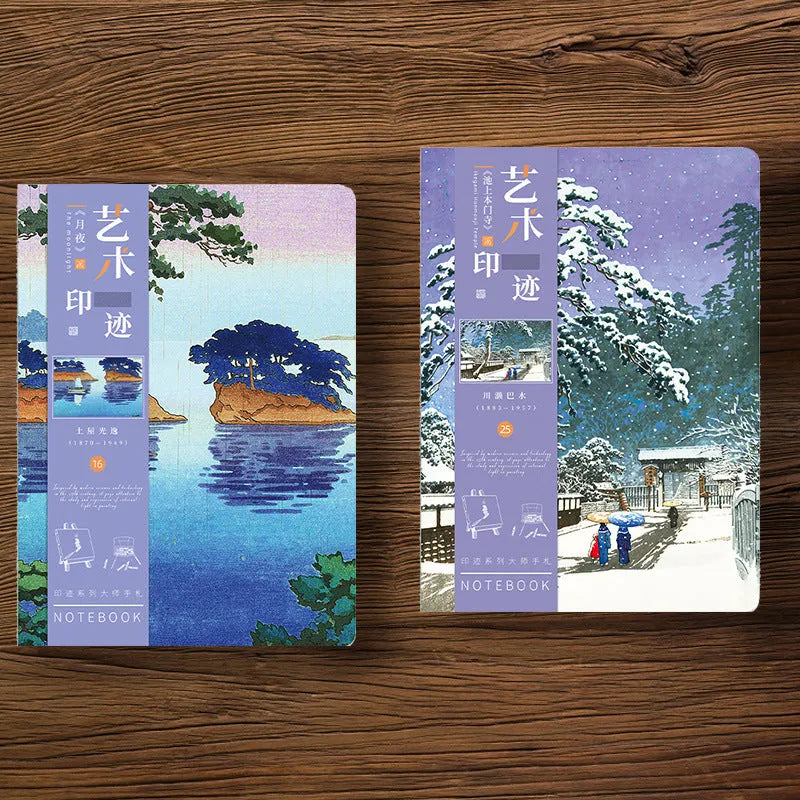 Ukiyo-e Kanagawa surfing village retro hand ledger notebook showing cover artwork and dimensions