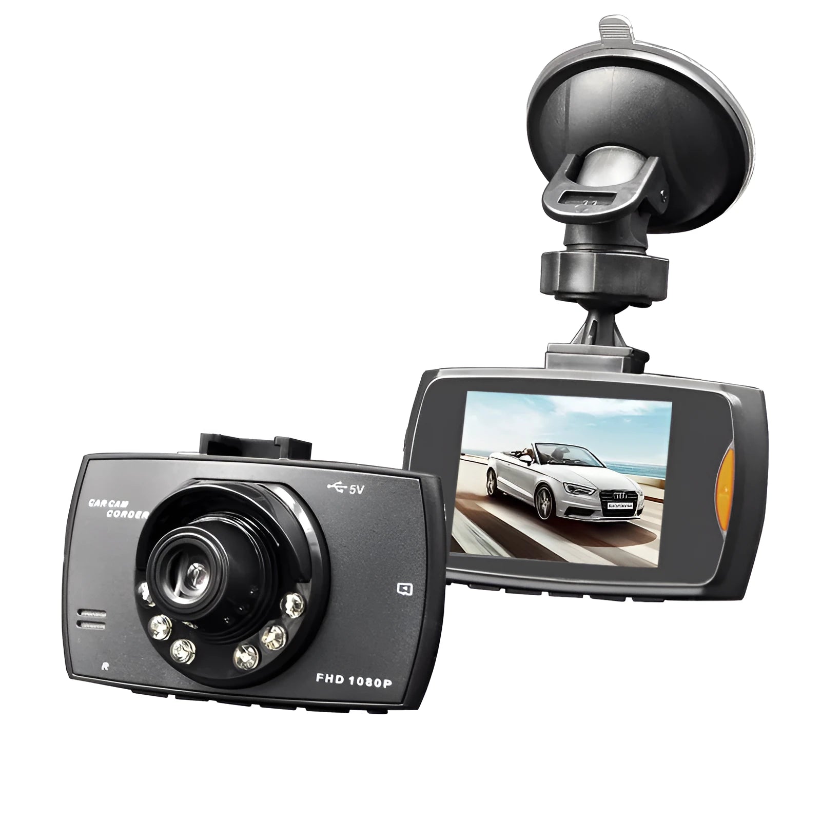 G30 HD dual-channel car DVR camera system with front and rear lenses on a windscreen bracket.
