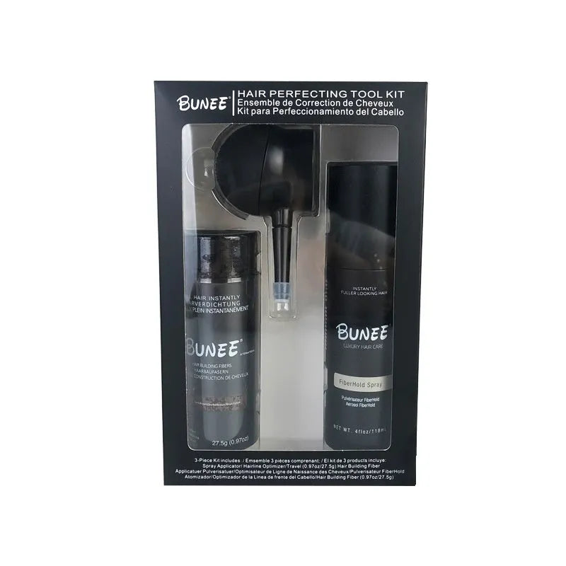 275g hair fibre powder canister, shaping spray bottle, and applicator nozzle for thickening sparse hair