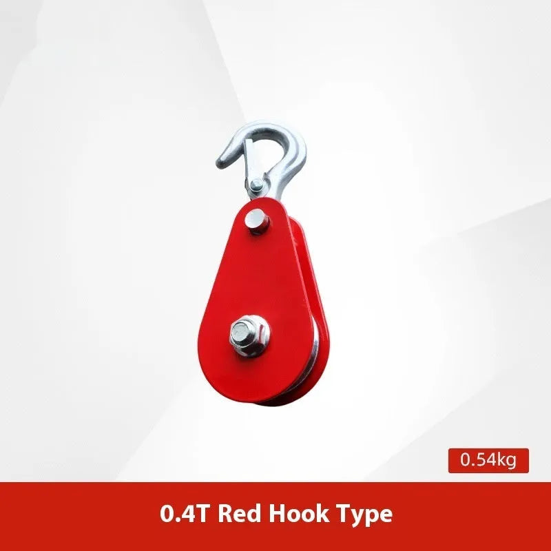 Red forged steel lifting pulley with a safety latch on the hook, for industrial wire rope use.