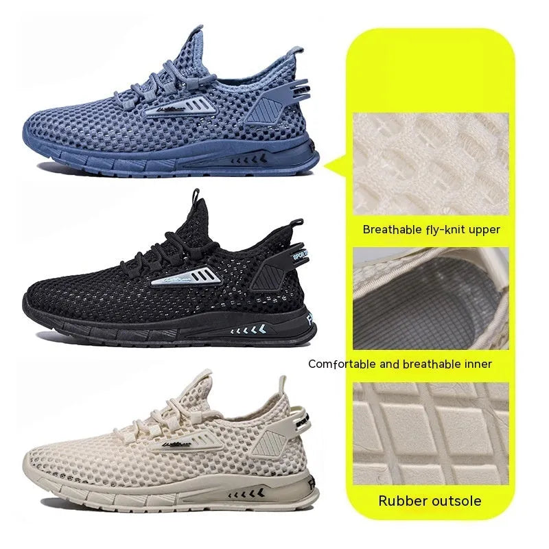 Men's beige mesh-lined casual sneakers with synthetic leather upper and white EVA sole.