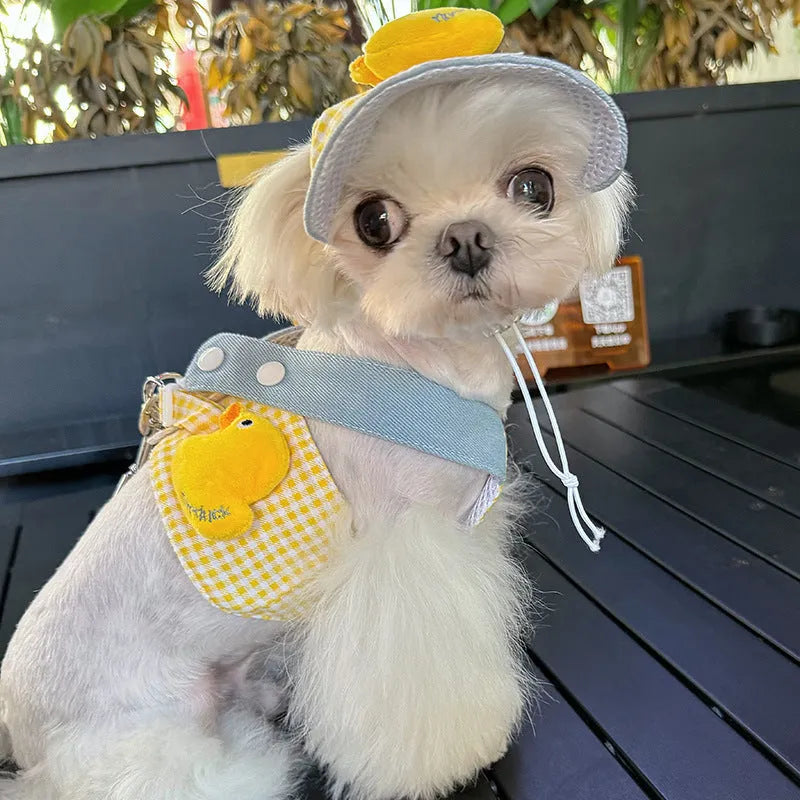 Pet harness leash set with cute hat, wire rope pulling rope, and cat clothes for dogs and cats