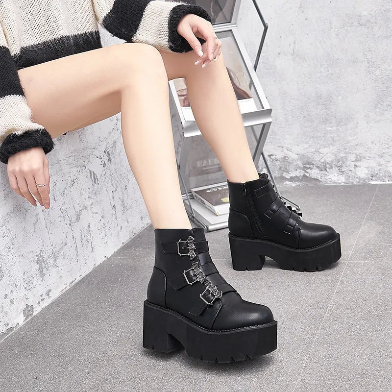 Black women's Harajuku punk gothic short boots with bat buckle, side zipper, thick heel, and round toe.