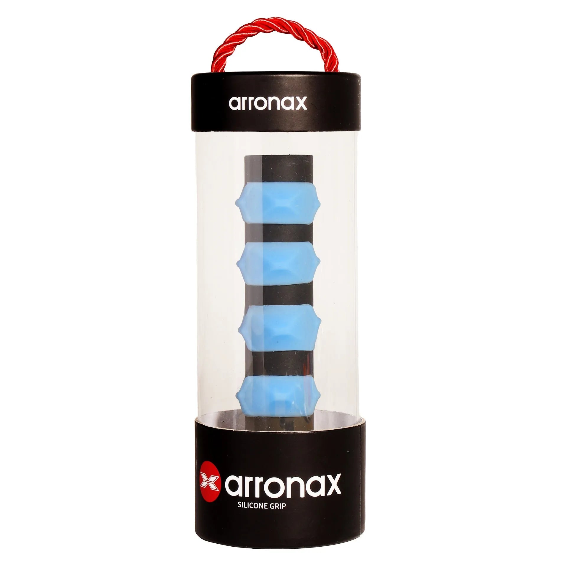 Silicone racket hand rubber buckle accessory shown in multiple colours next to a tennis racket.