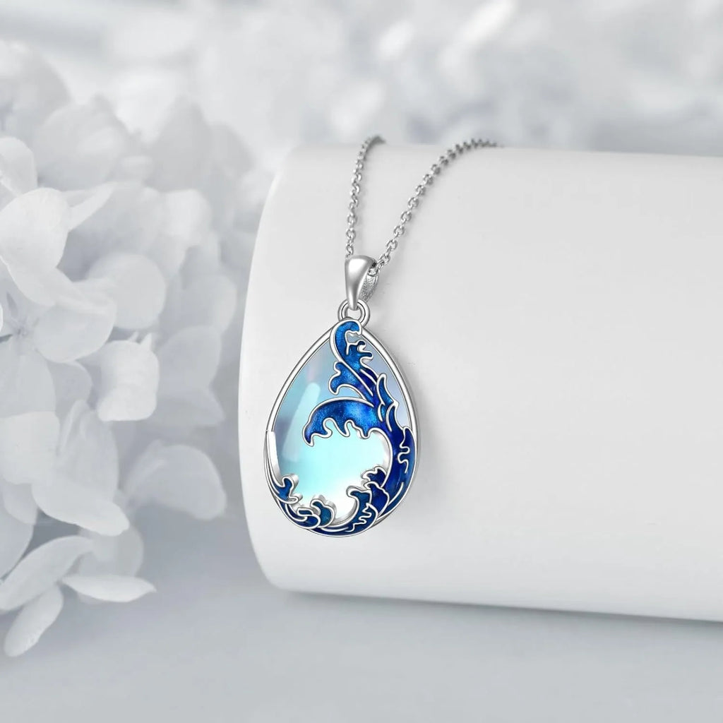 Moonstone blue alloy pendant necklace with heart-shaped design for women