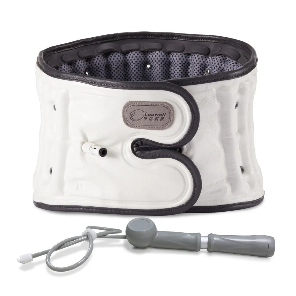 Automatic inflation lumbar waist supporter in PU material, showing S and M sizes.