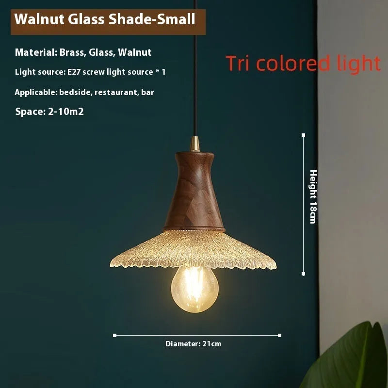 Retro brass and glass ceiling chandelier with wooden body for restaurant lighting