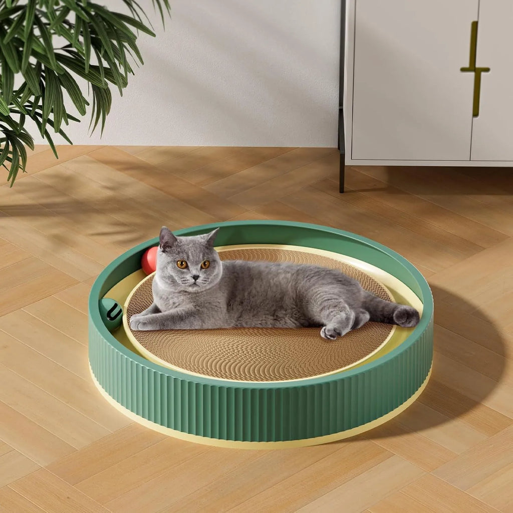 Large green circular cat scratching board with moving ball toys and spring-mounted plush ball