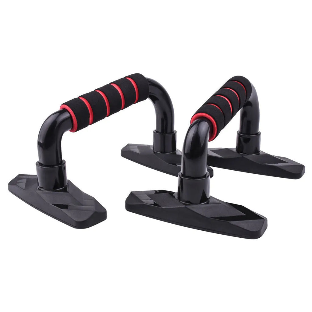 Pair of I-shaped push up bars with blue PP sponge grips on a floor.