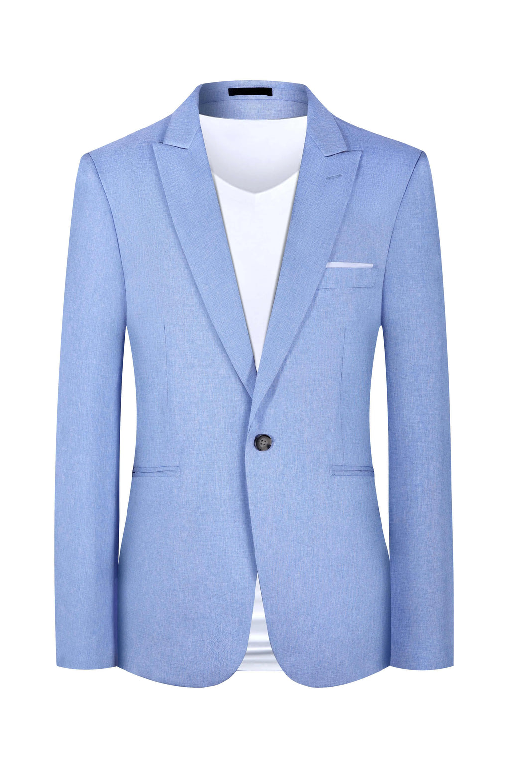 Men's light blue casual two-piece suit with western style details on hanger