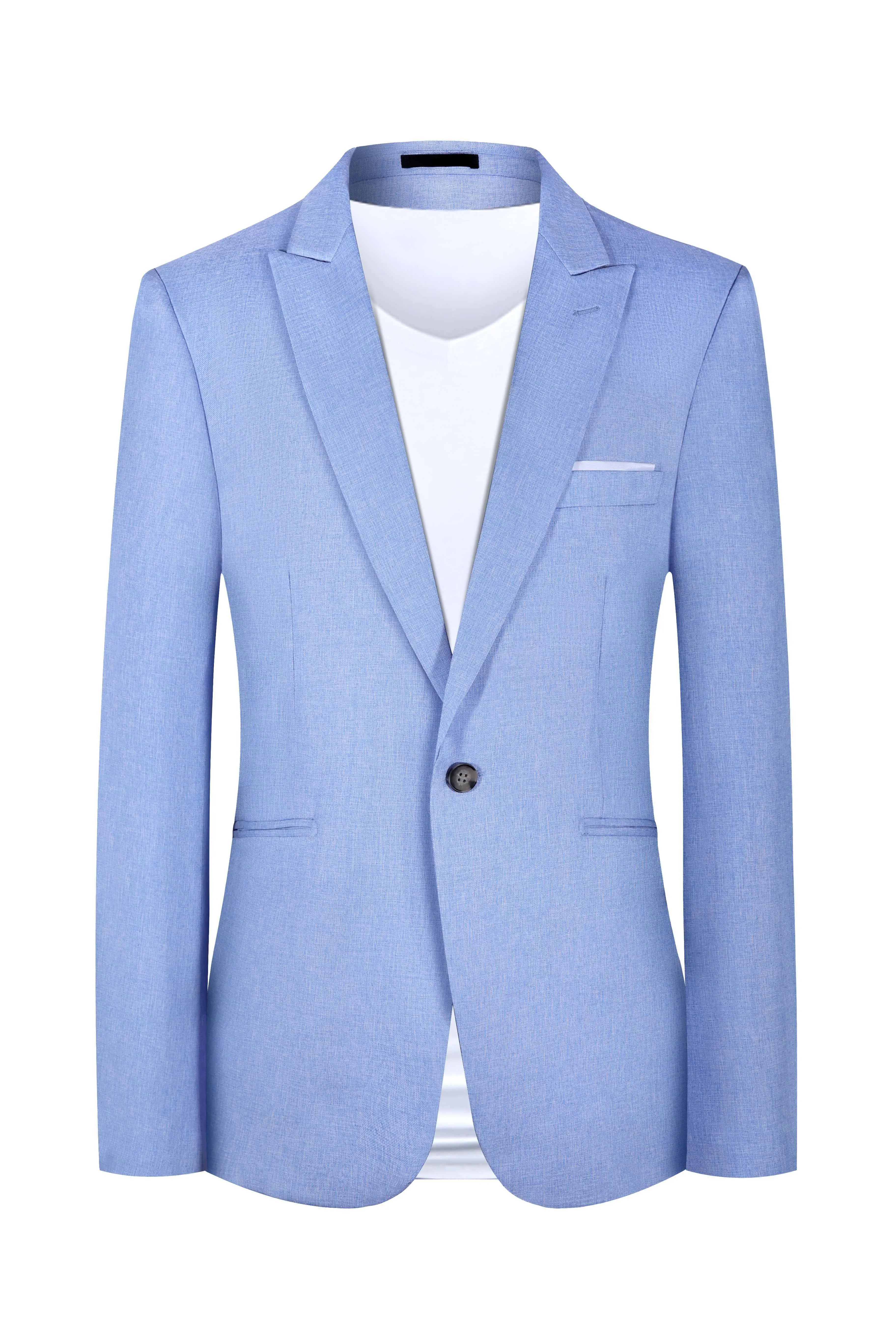 Men's light blue casual two-piece suit with western style details on hanger