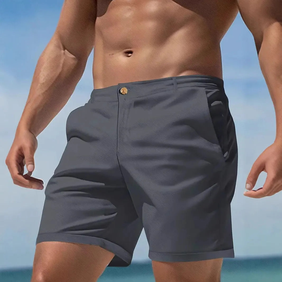 Men's grey cotton blend casual sports shorts with a straight leg and elastic waistband.
