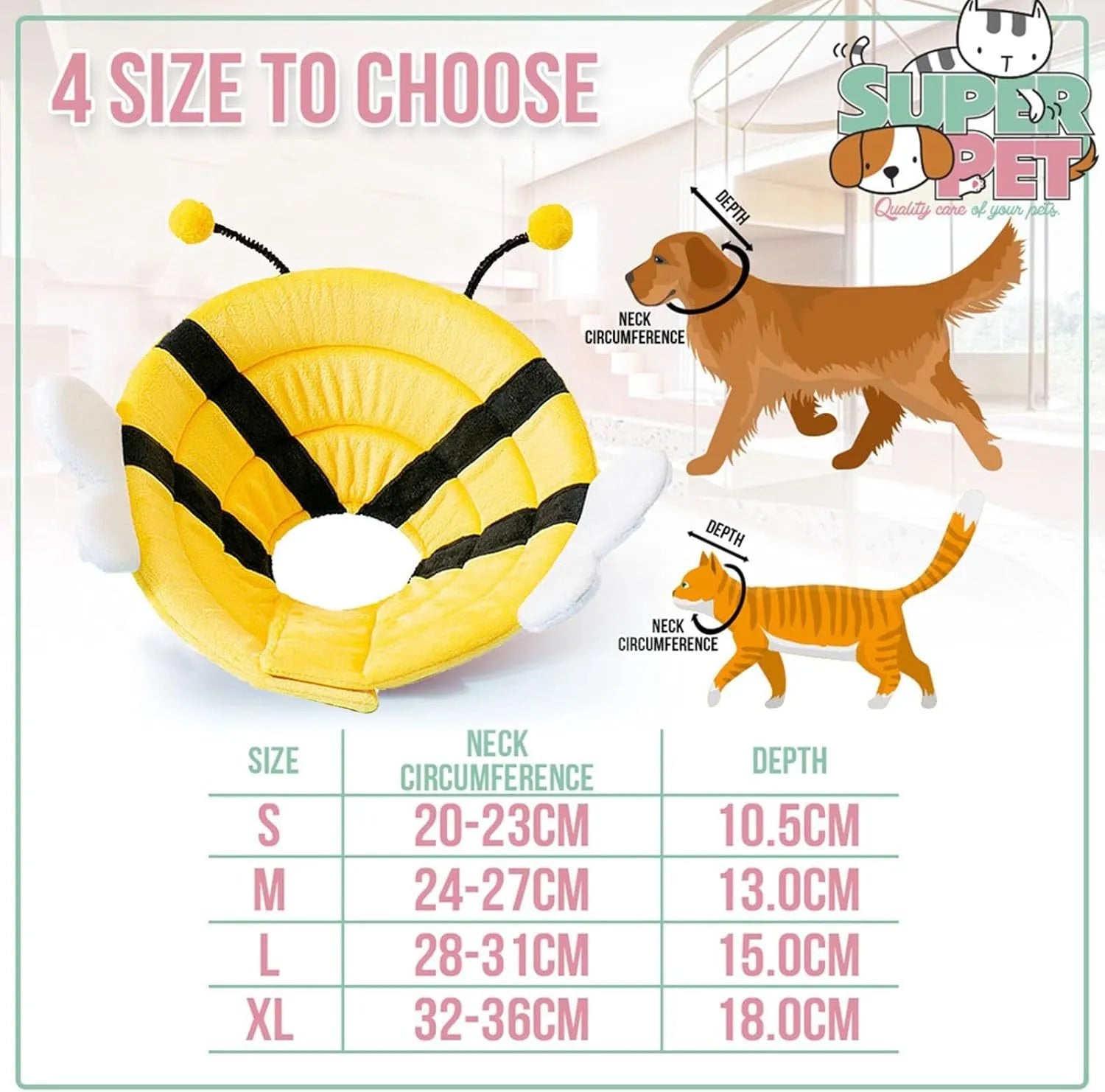 Soft fabric cat cone collar with black and yellow bee design and Velcro closure.