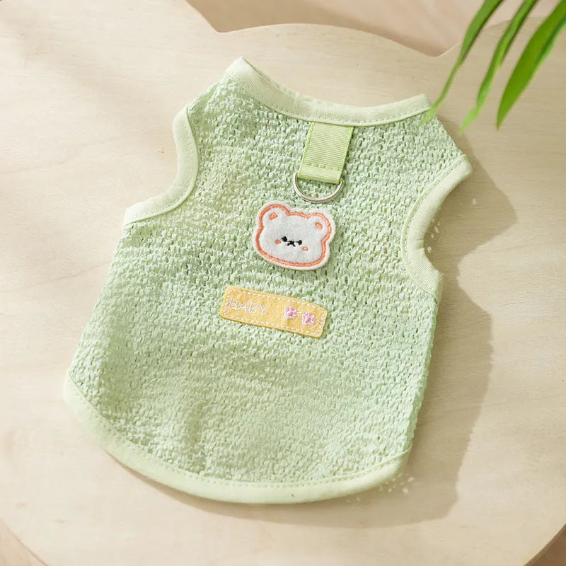 Cartoon bear patch cat clothes in knitted fabric with breathable hollowed-out design
