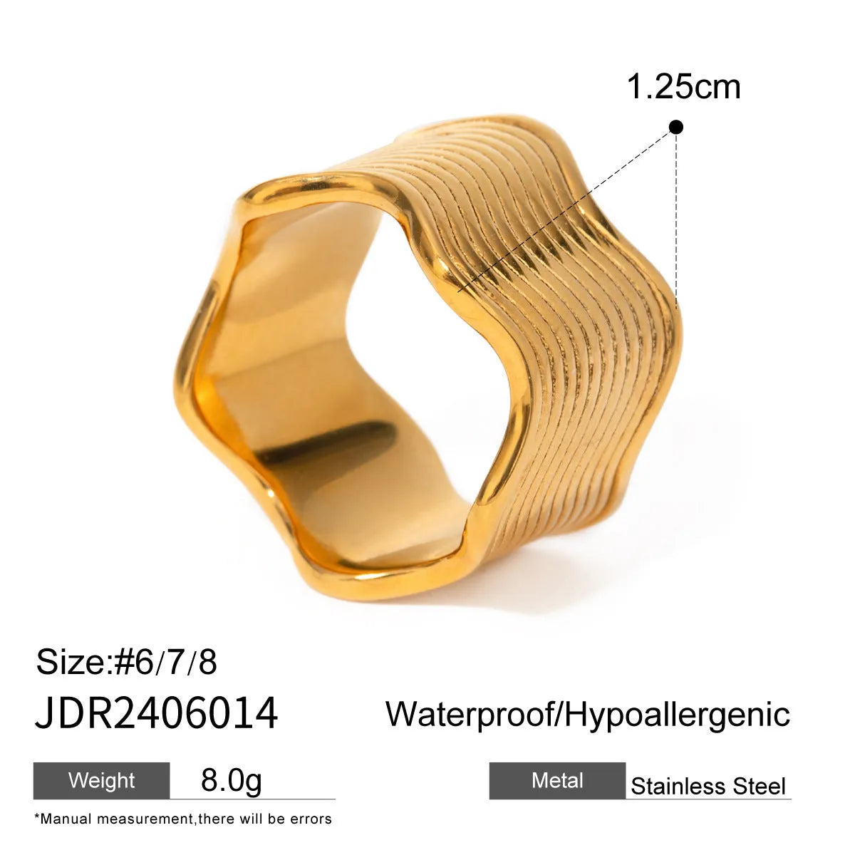 A women's stainless steel ring with a wide, sculptural geometric wave design and an electroplated silver-toned finish.