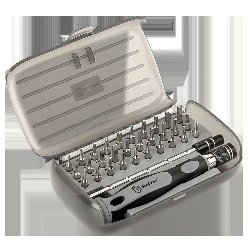 32-in-1 screwdriver set with 30 bits in a black storage case, showing the PH1 bit and 50mm long driver bar.