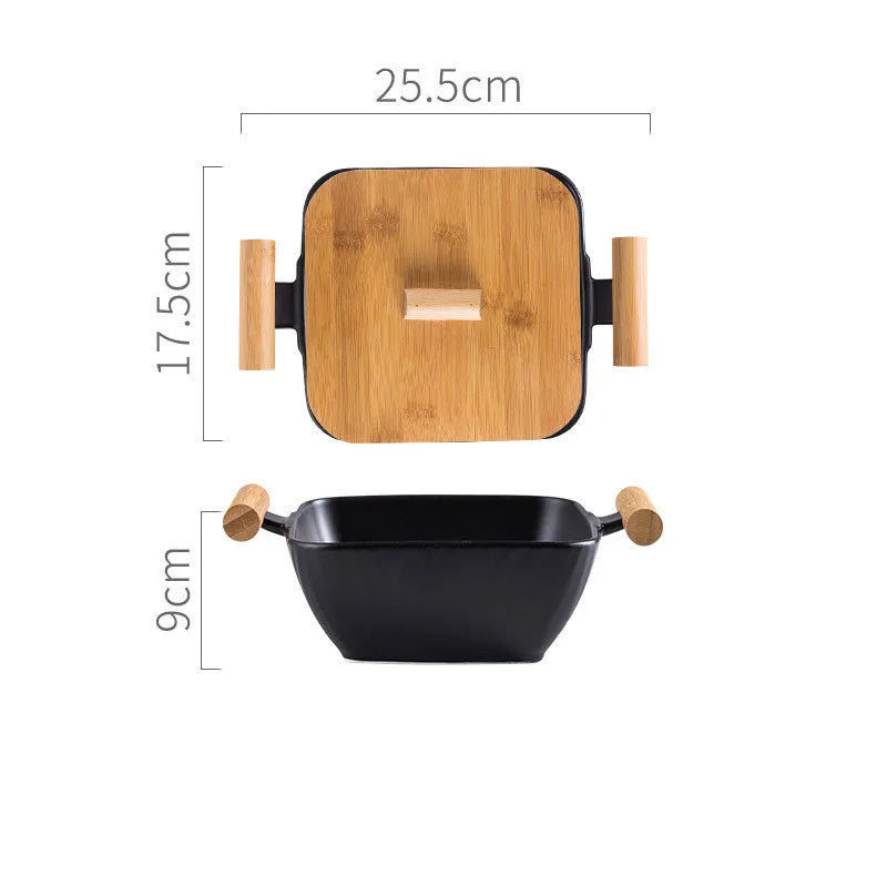 Ceramic serving bowl with irregular modern shape and matching lid in various colour options