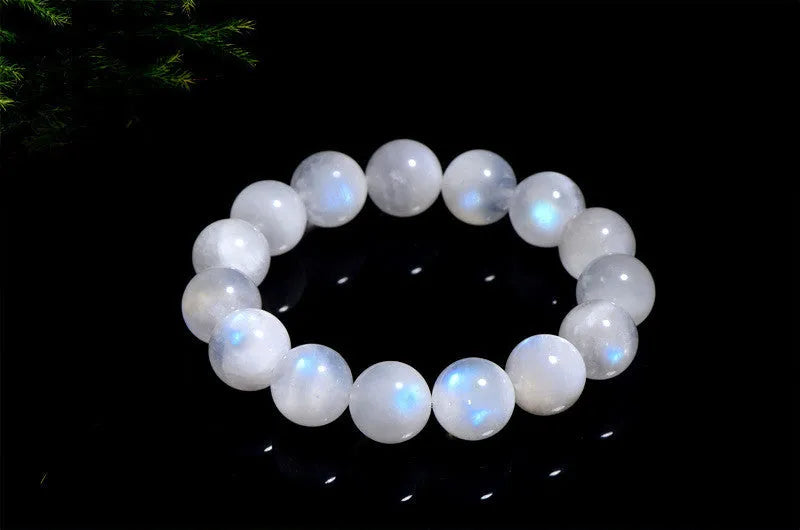 Natural moonstone blue moonlight round bead bracelet with geometric polished beads