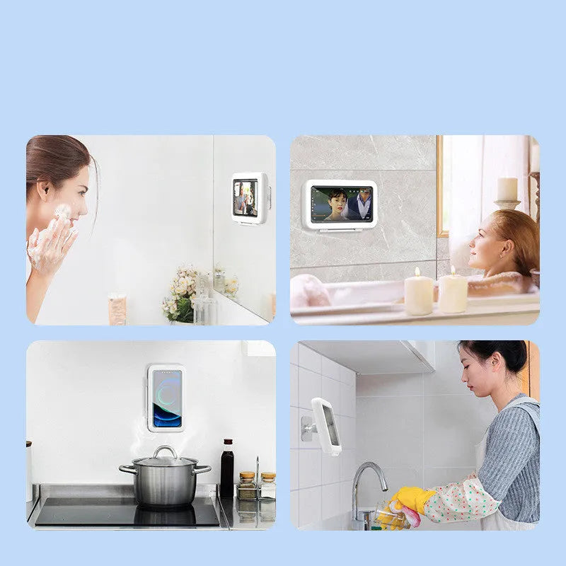 White waterproof phone holder mounted on bathroom tile with phone inside showing touch screen access