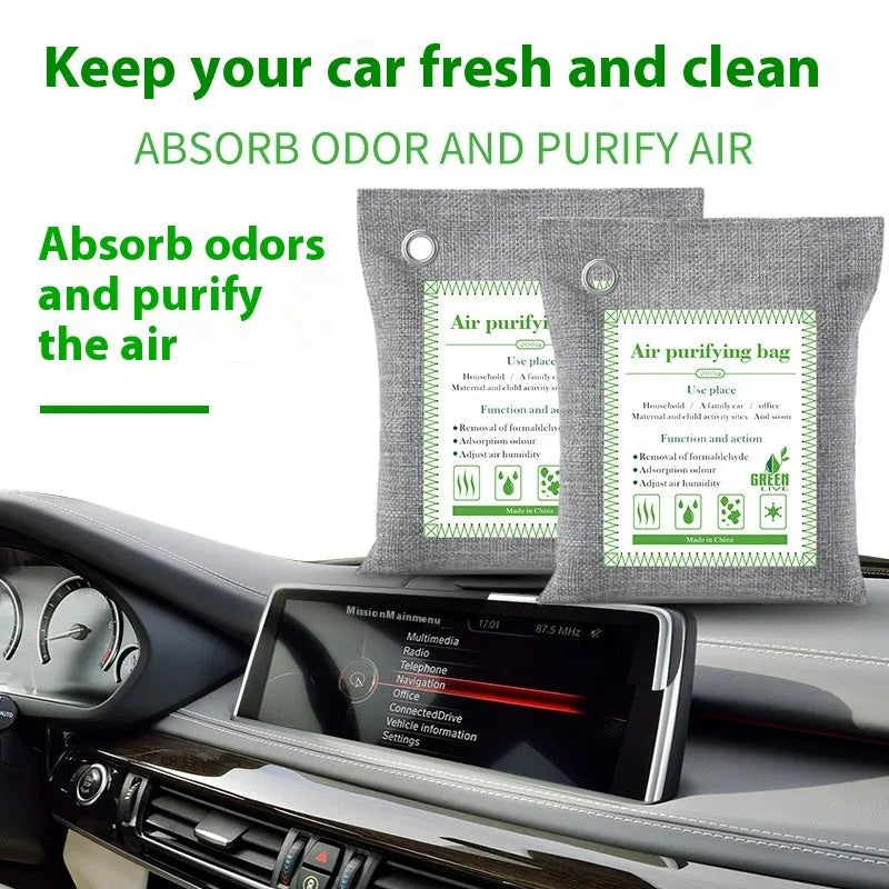 A sewing-style fabric bag filled with bamboo charcoal for formaldehyde removal and air freshening.