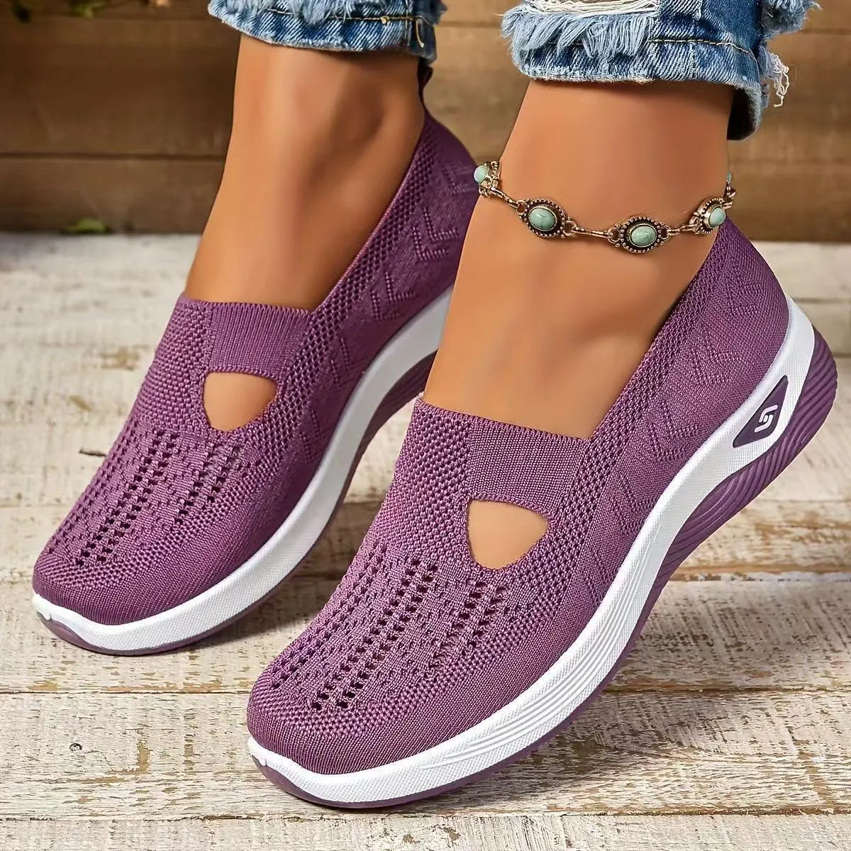 Women's casual low-top mesh shoes with a T-strap and soft PVC sole in multiple colours.